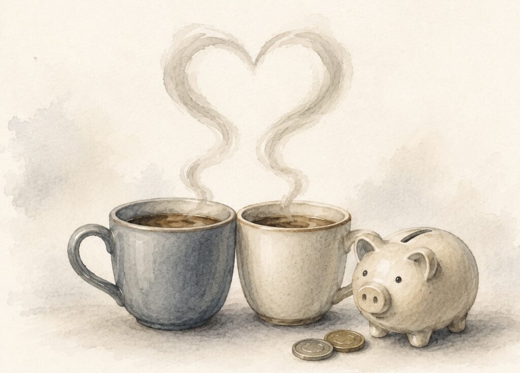 zwei Kaffeetassen mit einem Sparschwein / two coffee mugs with a piggy fund